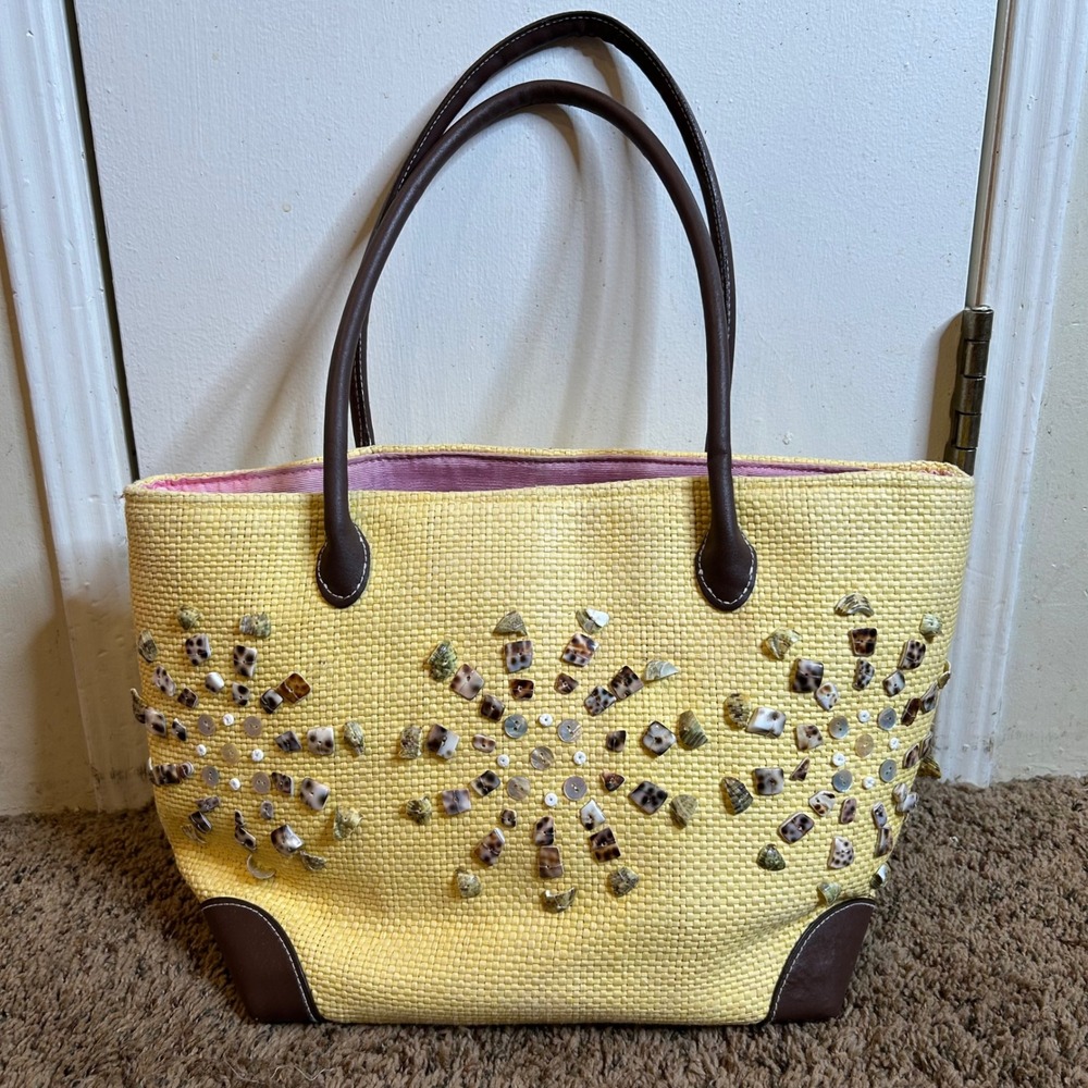Donna Dixon Yellow Straw Tote Bag Shell Pearl Embellished Lining Summer READ